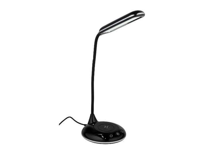 Moderne zwarte bureaulamp met draadloze oplader.