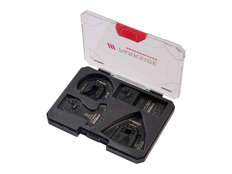 Parkside multitool accessoire set in een transparante koffer.