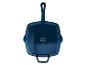 Blauwe gietijzeren grillpan met handvat en compatibiliteitsiconen.