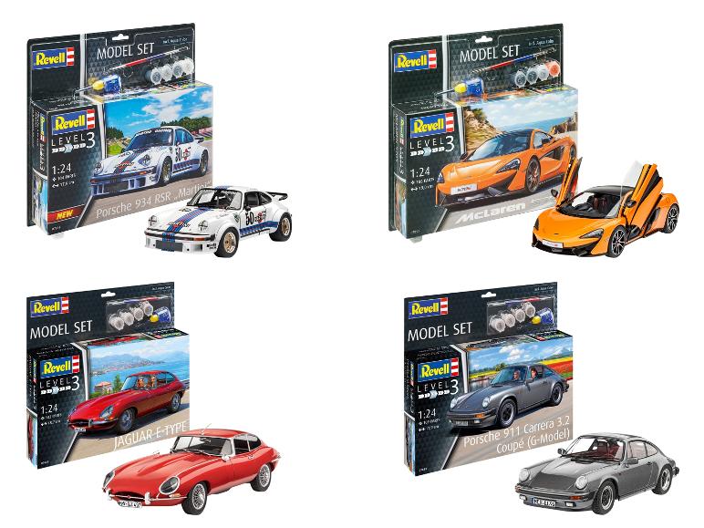 Vier Revell modelbouwsets: Porsche 934 RSR, McLaren 570S, Jaguar E-Type en Porsche 911 Carrera.