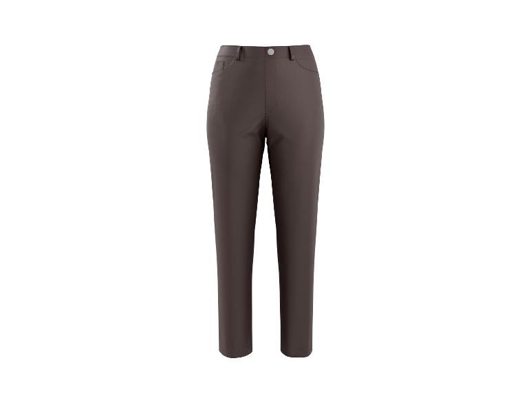 Donkerbruine damesbroek met hoge taille en rechte pijpen.