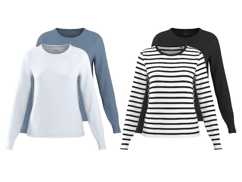 Set van vier damesshirts met lange mouwen: twee effen (wit, blauw) en twee gestreepte (zwart, wit-zwart).