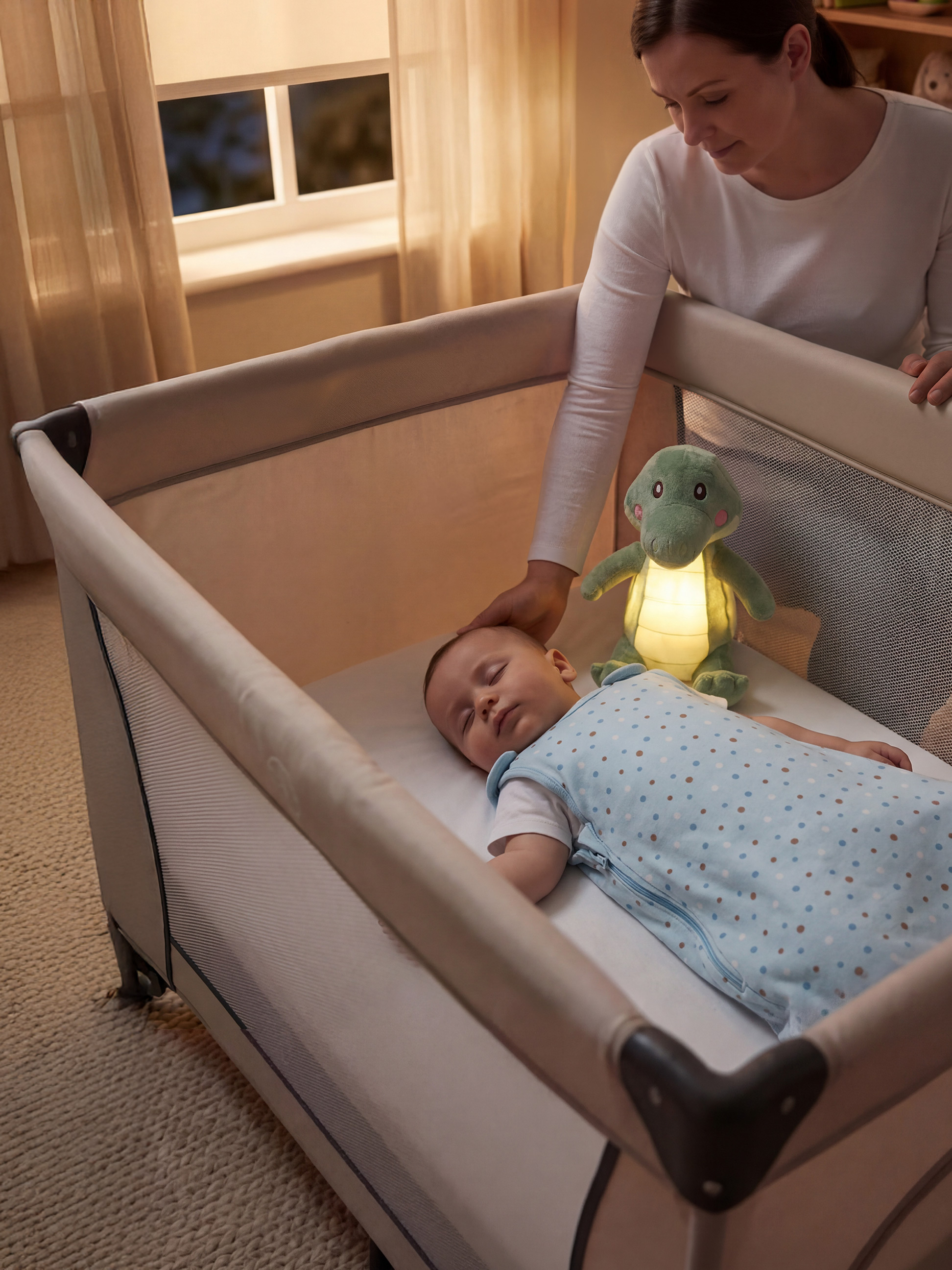 Moeder waakt over slapende baby in reiswieg met dinosaurus nachtlampje.
