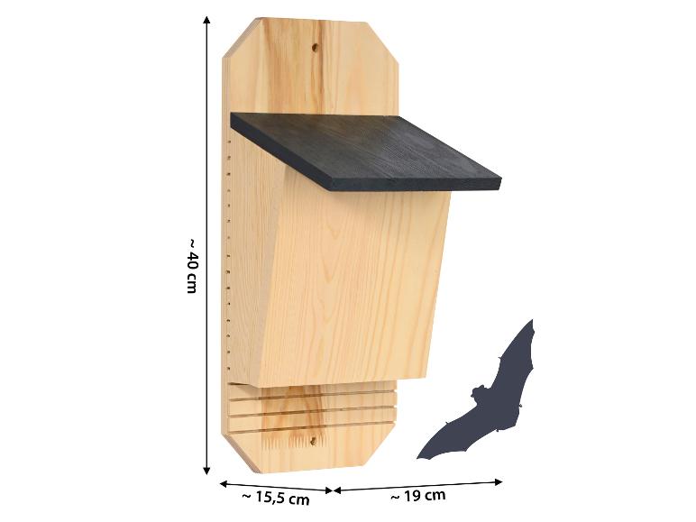 Houten vleermuizenkast met zwart dak, afmetingen 40x19x15,5 cm, en vleermuissilhouet.