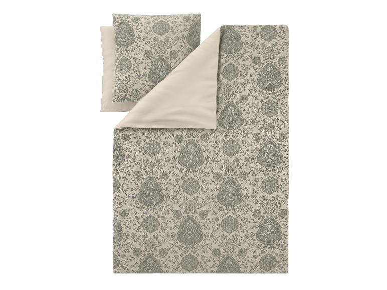 Beige dekbedovertrekset met een grijs damastpatroon.