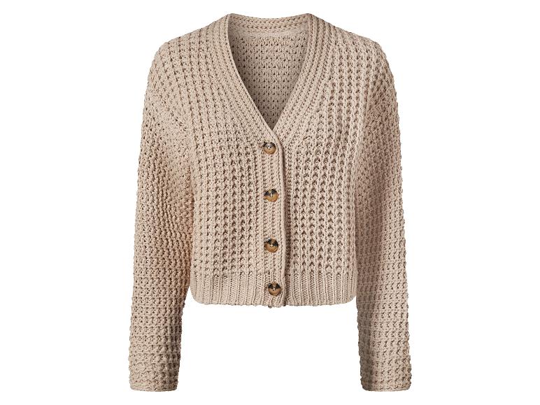 Beige gebreide cardigan met knopen.