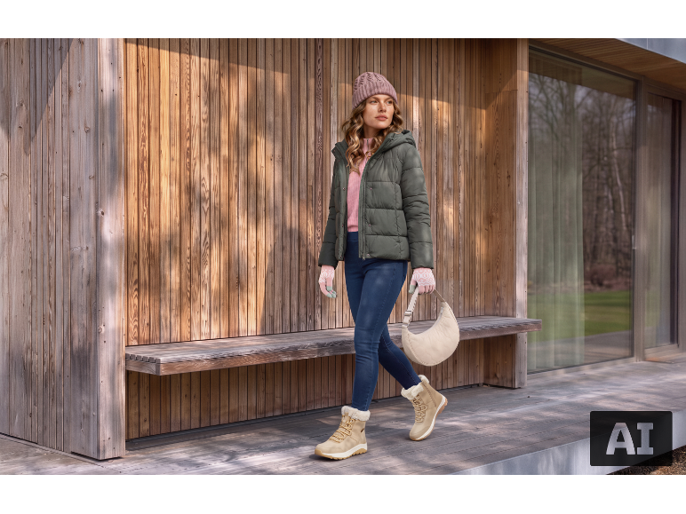 Vrouw in roze muts, groene pufferjas, jeans en beige laarzen wandelt buiten.