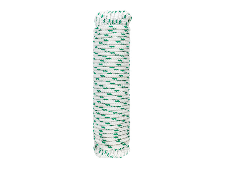 Een rol witte touw met groene strepen.
