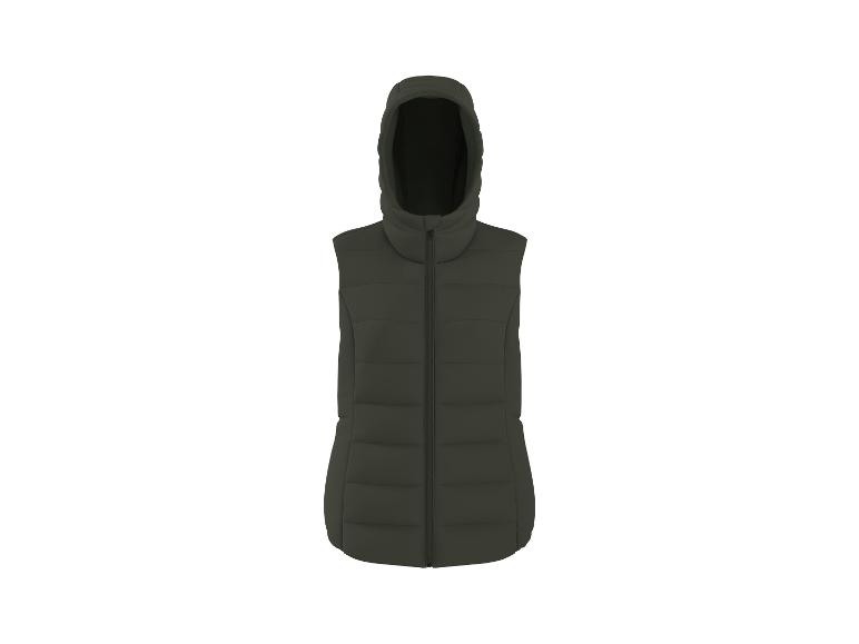 Donkergroen gewatteerd bodywarmer met capuchon en ritssluiting.
