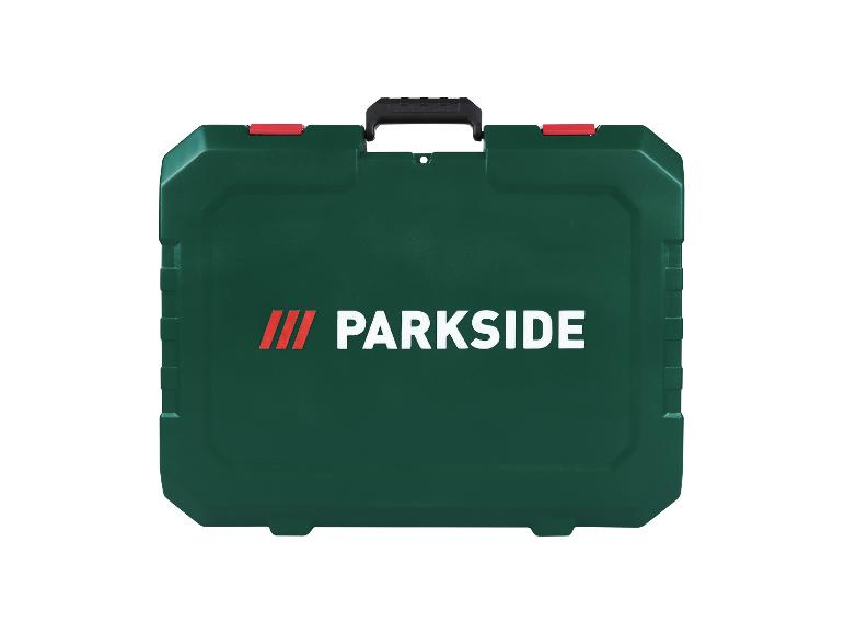 Groene Parkside koffer met zwarte handvatten en rode sluitingen