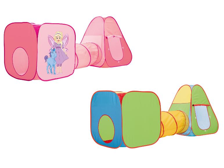 Kinder tenten en tunnel: prinsessen- en regenboogdesign.