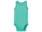 Een turquoise baby romper met knopen.