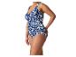 Dames badpak met blauw-wit abstract patroon en ruches.