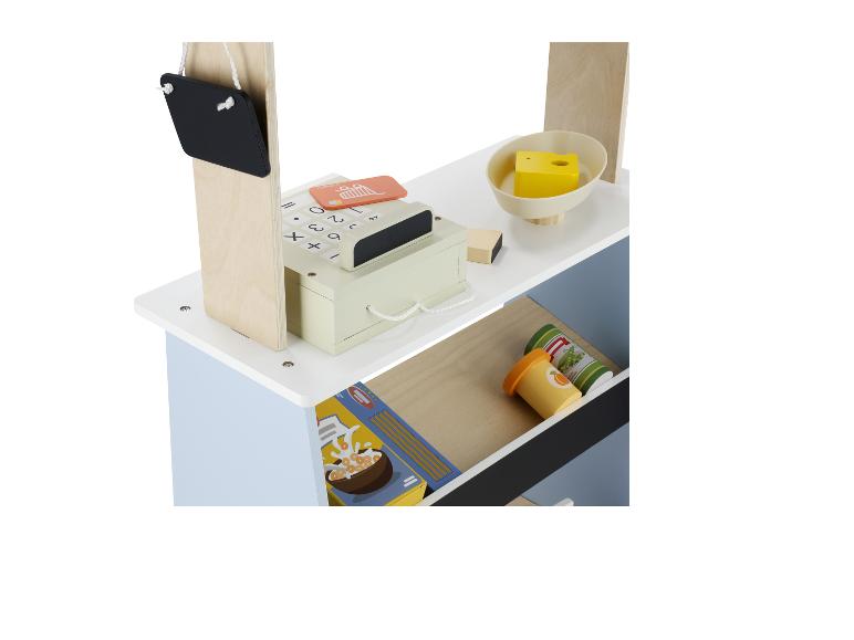 Houten speelgoedwinkel met kassa, weegschaal en diverse speelgoedvoedselartikelen.