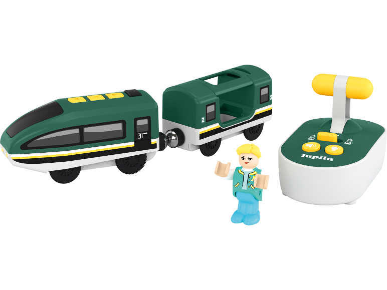 Groene speelgoedtrein met wagons, figuur en afstandsbediening.