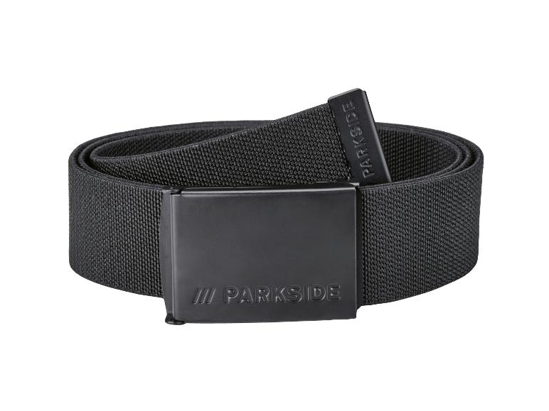 Zwarte stoffen riem met metalen gesp met 'PARKSIDE'-logo.