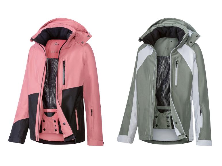Twee Crivit ski-jassen: één roze met zwarte details en één groene met witte details.