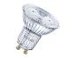 Een glazen LED-spotlamp met een GU10-fitting en een geribbeld ontwerp.