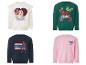 Vier kinderhoodies: wit met prinses, groen met superhelden, marineblauw met Spider-Man, roze met Stitch.