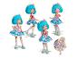 Beweegbare pop met blauw haar en bloemenjurk in verschillende poses.