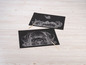 Twee zwarte scratch art afbeeldingen met een puppy en een kat.