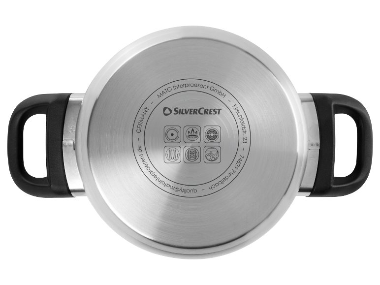 Een SilverCrest roestvrijstalen pan, gezien vanaf boven.