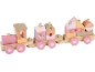Houten trein met roze en beige blokken, dieren- en bladafbeeldingen.
