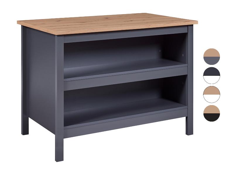 Donkergrijze kast met licht houten blad.