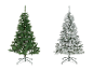 Twee kunstkerstbomen, één groen en één besneeuwd, op een witte achtergrond.