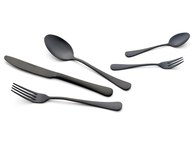 Een mes, twee vorken en twee lepels in zwart.