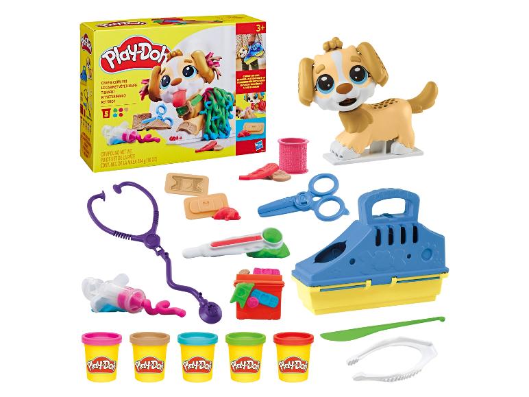 Play-Doh Care & Carry Vet: een dierenartsset met een puppy, gereedschap en 5 potjes klei.