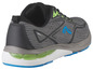 Grijs en blauw hardloopsportschoen met een groene zool.