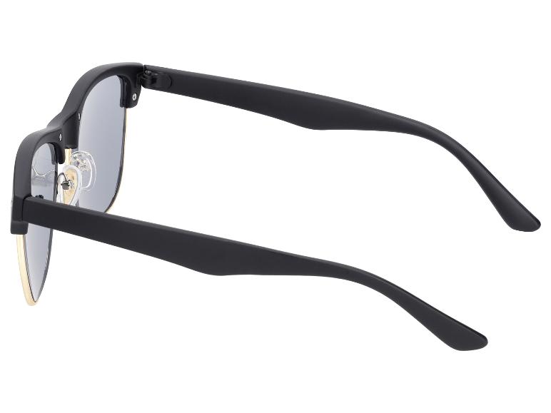 Zwarte zonnebril met grijze glazen en gouden details, bovenaanzicht.