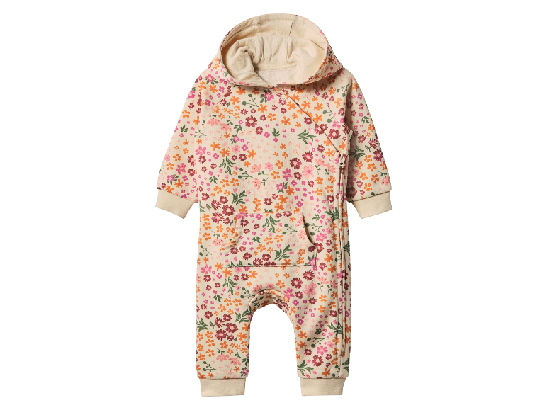 Baby jumpsuit met capuchon, bloemenprint.