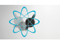 Abstracte atoomachtige structuur met blauwe ringen en donkergrijze cirkelvormige objecten.