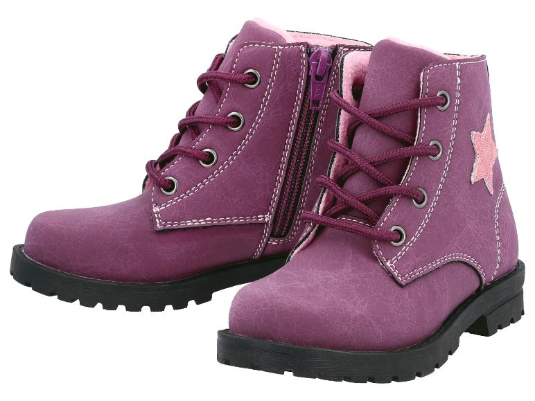 Een paar paarse kinderlaarzen met veters en rits.