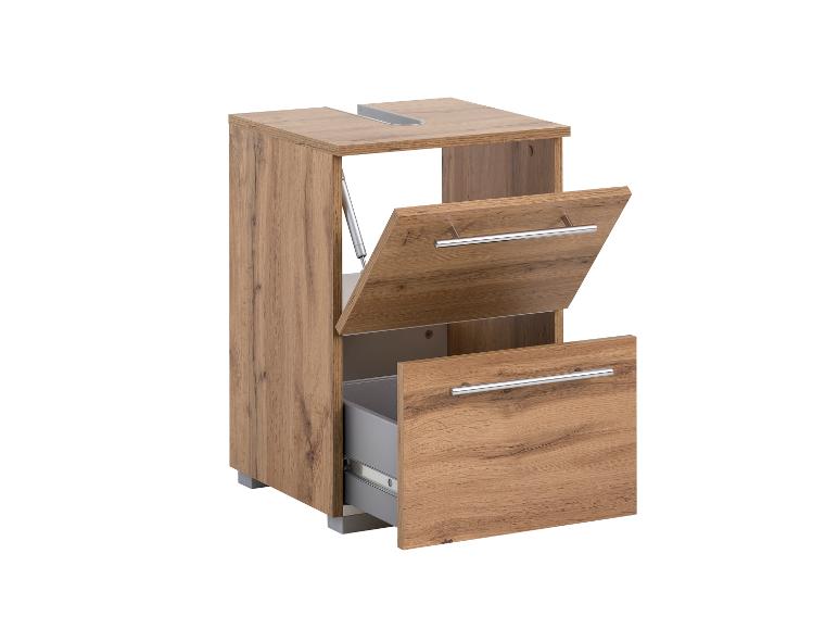 Houten badkamerkastje met open lade en kanteldeur