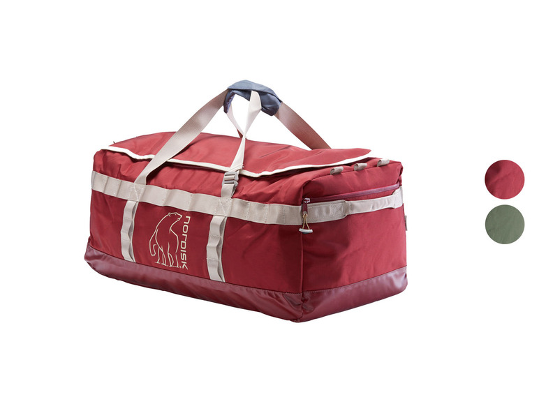 Rode weekendtas van Nordisk met witte accenten.