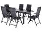 Donkergrijze tuineetset met uitschuifbare tafel en zes klapstoelen.