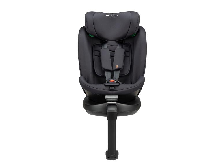 Zwart autostoeltje met vijfpuntsgordel en verstelbare hoofdsteun.