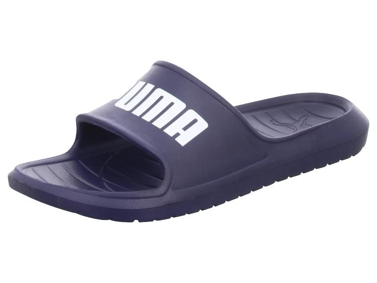 Blauwe zwembadslipper met wit logo op de bovenste band.