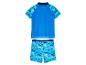 Kinder zwempak: blauw shirt met korte mouwen en zwembroek met oceaanprint.