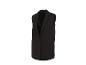 Lange zwarte mouwloze blazer met enkele knoopsluiting en zakken.
