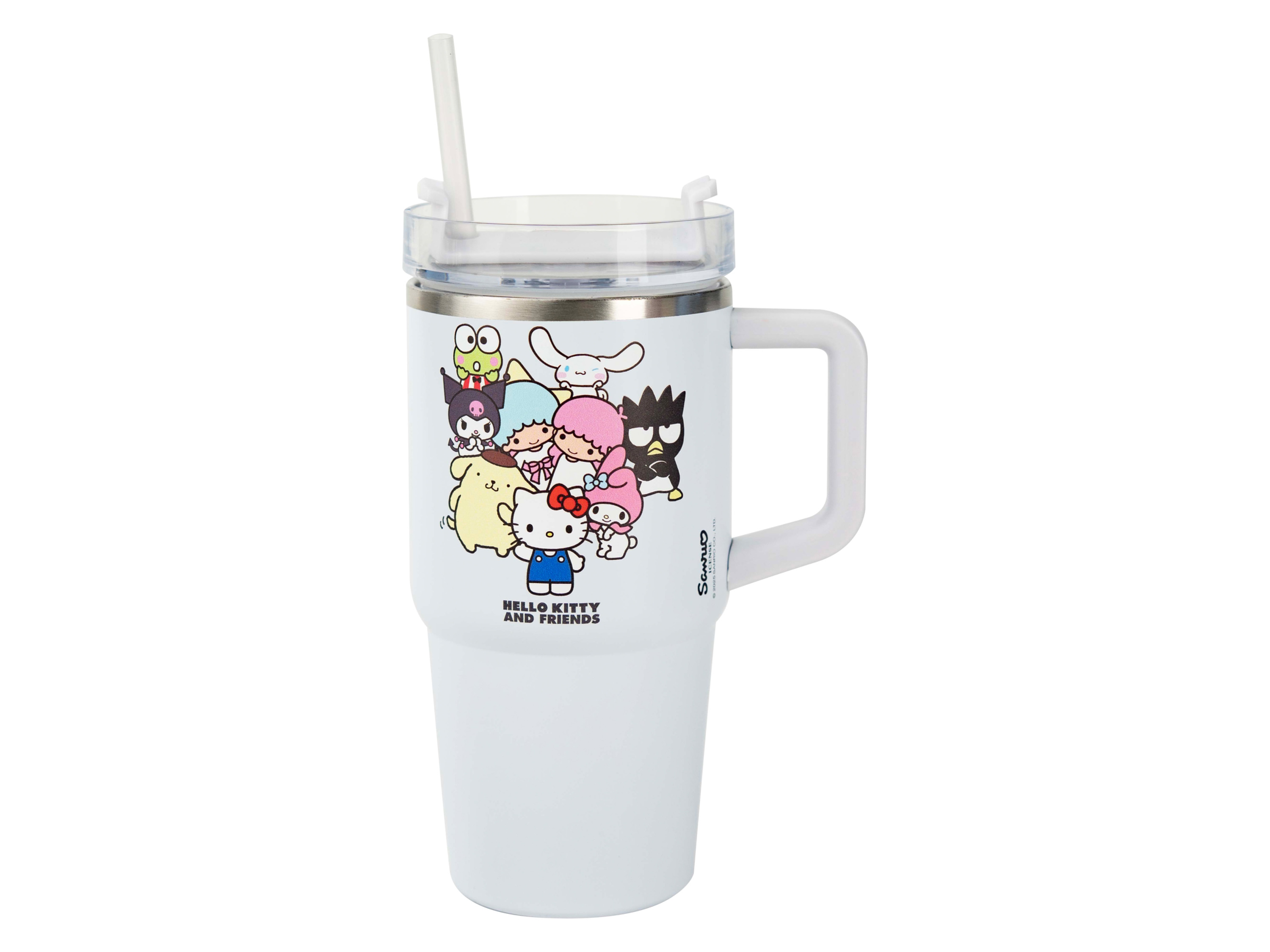 RVS drinkbeker met rietje en handvat - 590 ml (Hello Kitty)