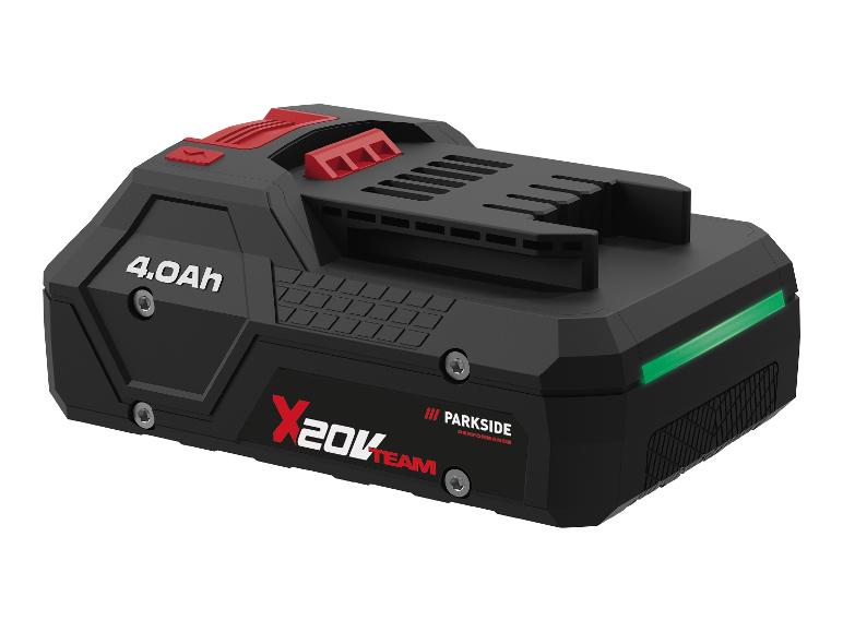 4.0Ah accupack voor elektrisch gereedschap met rode details en groen indicatielampje.