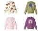 Kindersweaters: één met vrachtwagens en graafmachines, één met dinosaurussen, één met ballerina's en één met een regenboog.