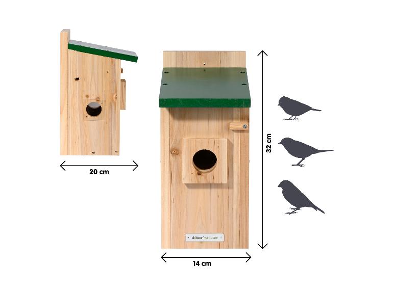 Houten vogelhuisje met groen dak, afmetingen 32x14x20 cm, met vogelsilhouetten.