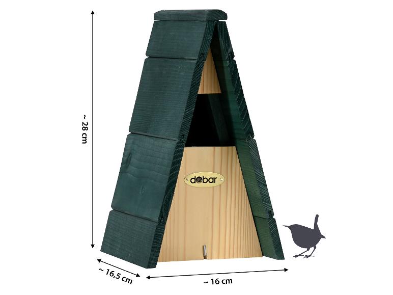 Houten vogelhuisje in A-vorm, groen en naturelkleurig, met afmetingen.