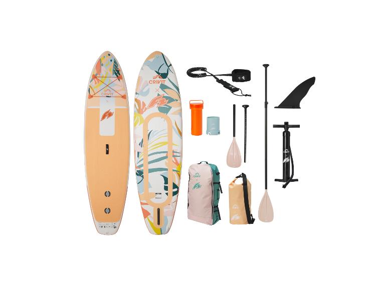Twee stand-up paddleboards met bloemmotieven, peddels, pomp, vin, leash en tassen.