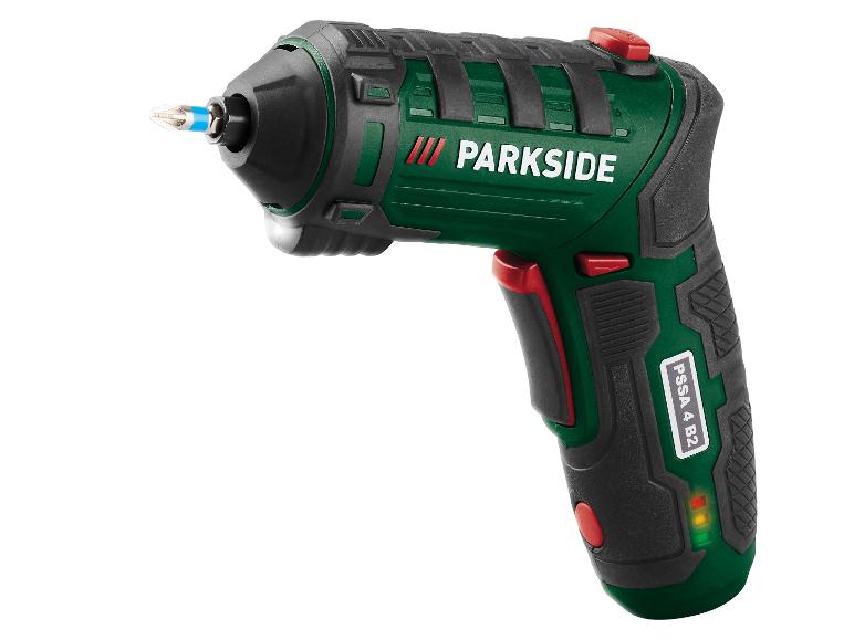 Groene en zwarte elektrische schroevendraaier met schroefbit en batterij-indicatoren.